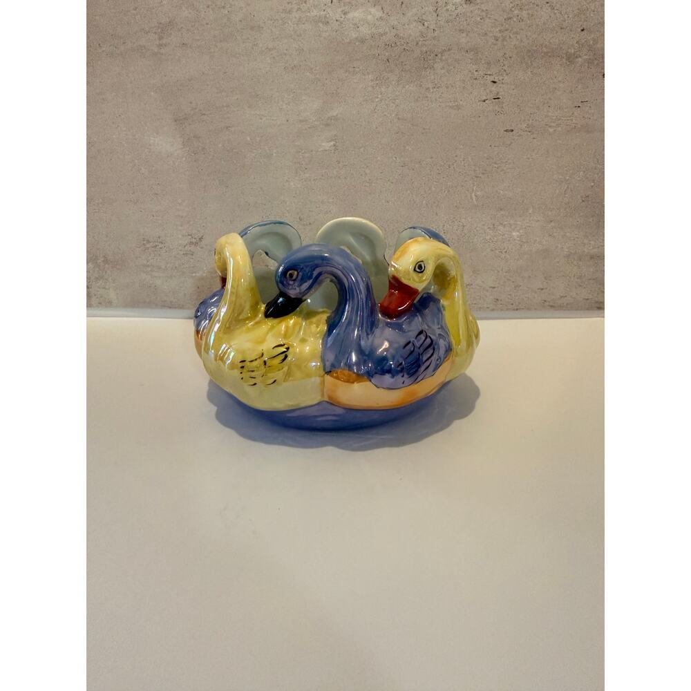 Vintage Japanese Lusterware Swan Circle Bowl Hand Painted Porcelain Cherry Mark